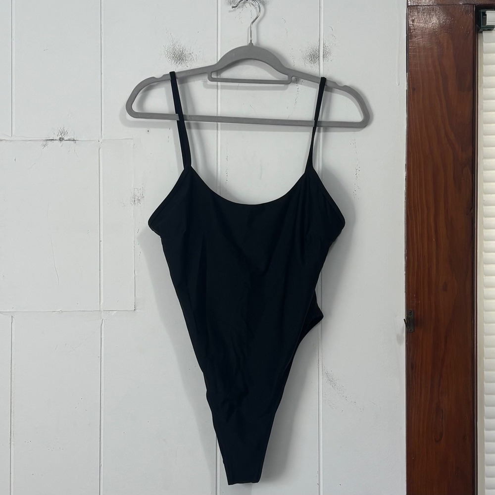 Amazon Womens Solid Black One Piece Swimsuit High Cut Spaghetti Strap Large